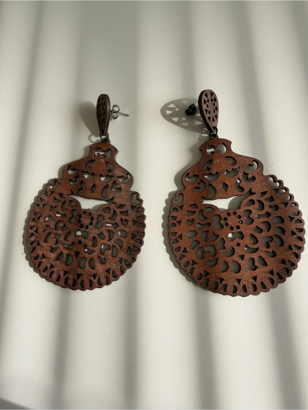 Brown Wood Filigree Teardrop Earrings